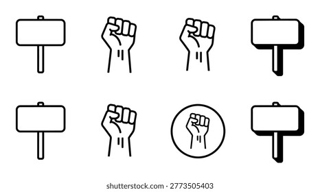 A set of linear vector icons featuring raised fists and blank protest signs. Perfect for social justice campaigns, political activism, and advocacy design.