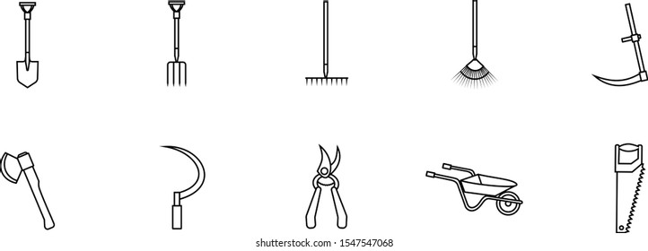 Set of linear vector icons of gardening tools - shovel, rake, sickle, scythe, saw, ax, wheelbarrow, secateurs, hayfork. Isolated elements on a transparent background.