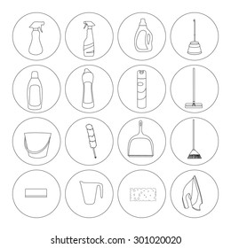 Set of linear vector icons for household, cleaning products, detergents.
Round outline icons for cleaning elements isolated on a white background.