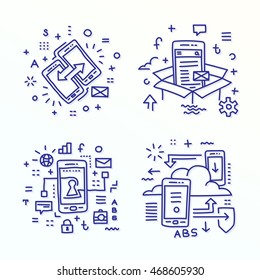 Set of linear vector icons in a modern style, mobile technology, cloud storage and data protection technologies.