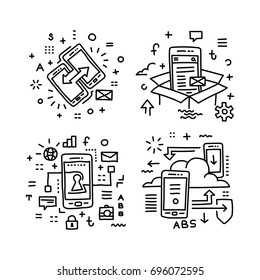 Set of linear vector icons in a modern style, mobile technology, cloud storage and data protection technologies.