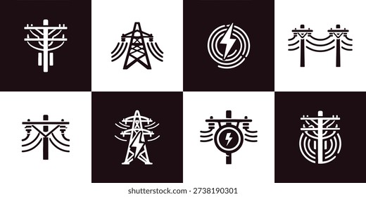 Set of linear vector icons representing electrical infrastructure, including transmission towers, utility poles, high voltage lines, and lightning bolt symbols.