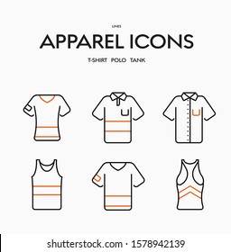 Set of linear vector icons for t-shirts, polo and tank. Sign design with orange elements.