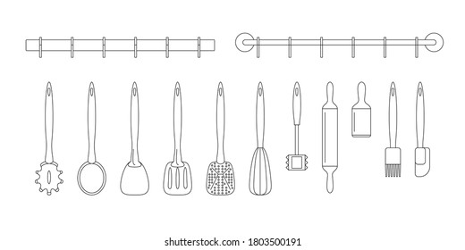 set of linear vector icons, wall set of kitchen utensils on railing with hooks, spoon, rolling pin, spatula, hammer, whisk, strainer