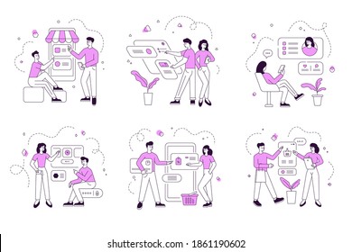 Set of linear vector illustrations of contemporary men and women browsing various data on digital devices while surfing Internet together