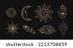 Set of linear vector illustrations. Hand drawn celestial illustrations depicting the sun, moon, planet, clouds. design elements for decoration in a modern style. magic drawings.
