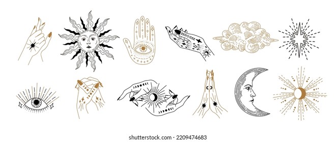 Set of linear vector illustrations. Hand drawn celestial illustrations depicting the sun, moon, planet, clouds. design elements for decoration in a modern style. Magic drawings. mystical elements.