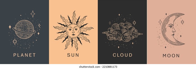 Set of linear vector illustrations. Hand drawn celestial illustrations featuring sun, moon, planet, clouds. design elements for decoration in a modern style. Drawings for social media posts, stories.