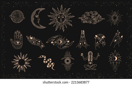 Set of linear vector illustrations. Hand drawn celestial illustrations depicting the sun, moon, planet, clouds. design elements for decoration in a modern style. magic drawings.