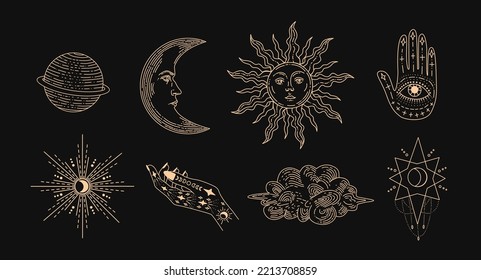 Set linear vector illustrations  Hand drawn celestial illustrations depicting the sun  moon  planet  clouds  design elements for decoration in modern style  magic drawings 
