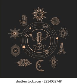 Set of linear vector illustrations. Hand drawn celestial illustrations depicting the sun, moon, planet, clouds. decoration in modern style. magical drawings. Woman in the lotus position.