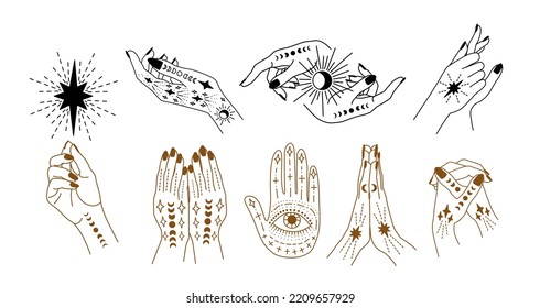 Set of linear vector illustrations. Hand-drawn magical hands. Design elements for decoration in modern style. Cursing hands. mystical elements.