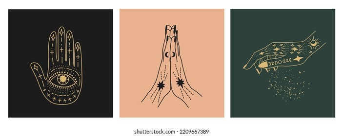 Set of linear vector illustrations. Hand-drawn magical hands. Design elements for decoration in modern style. Cursing hands. mystical elements.