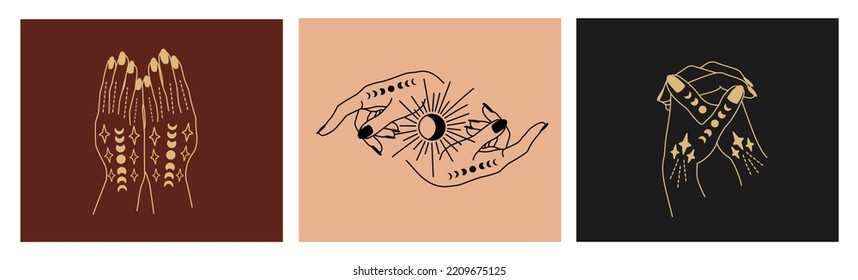 Set of linear vector illustrations. Hand-drawn magical hands. Design elements for decoration in modern style. Cursing hands. mystical elements.