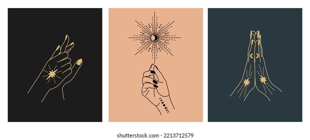 Set of linear vector illustrations. Hand-drawn magical hands. Design elements for decoration in modern style. Cursing hands. mystical elements.