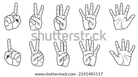 A set of linear and vector illustrations. The hands show the numbers from one to five. Counting on the fingers.