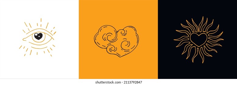 Set of linear vector logos. Sun, eyes, clouds. Vintage.