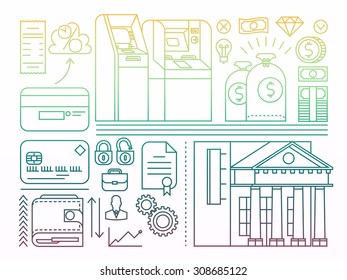 Set of linear vector trendy flat icons on banking and finance operations, savings and account managing with bank building, ATM teller machines, credit cards, wallet, cash money and more