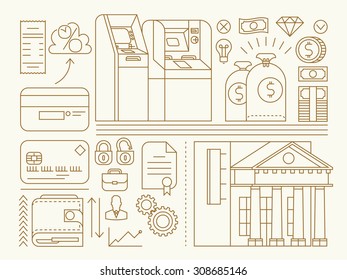 Set of linear vector trendy flat icons on banking and finance operations, savings and account managing with bank building, ATM teller machines, credit cards, wallet, cash money and more