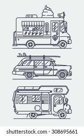 Set of linear vector trendy flat icons on leisure and recreational vehicles including caravan trailer camping truck, retro woodie surf car and ice cream van | Cool thin line contour cars 