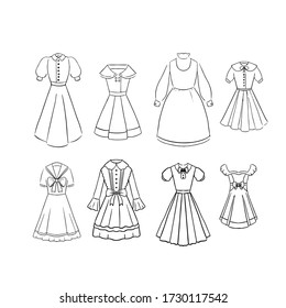 Set of linear vector vintage retro dresses for girls, women for a romantic evening, walk. Illustration for children's coloring on the theme of clothing.