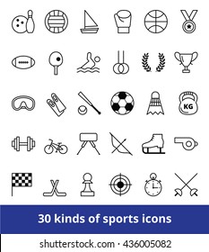 Set of linear vector web icons kinds of sports football hockey tennis volleyball and other