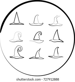 set of linear vector witch hats on an white background
