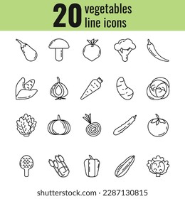 Set Linear Vegetable Icons. Black and white Isolated Outline icons on a white background. Vegetarian menu for healthy lifestyle and nutrition. Suitable for web, apps, food labels.  Vector illustration