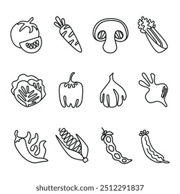 Conjunto de iconos de vegetales lineales. Diversa ilustración vegetal dibujada a mano. Ideal para su revisión. Puede ser utilizado para imprimir en libros, publicación. Ilustración de iconos de línea de Vector.