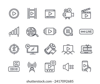 Conjunto de iconos lineales relacionados con el vídeo. Señales delgadas en blanco y negro con cámara, película, cine, multimedia y botón de reproducción. Stroke editable. Esquema de colección de vector plana aislada en fondo blanco