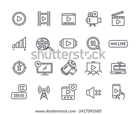 Set of linear Video related icons. Black and white thin signs with camera, film, cinema, multimedia and play button. Editable Stroke. Outline flat vector collection isolated on white background