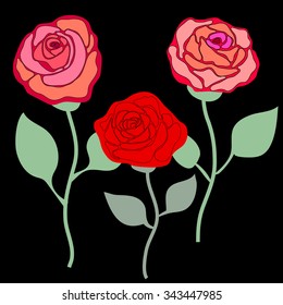 Set of linear vintage roses pattern. Art Nouveau collection. On black. Backgrounds & textures shop.
