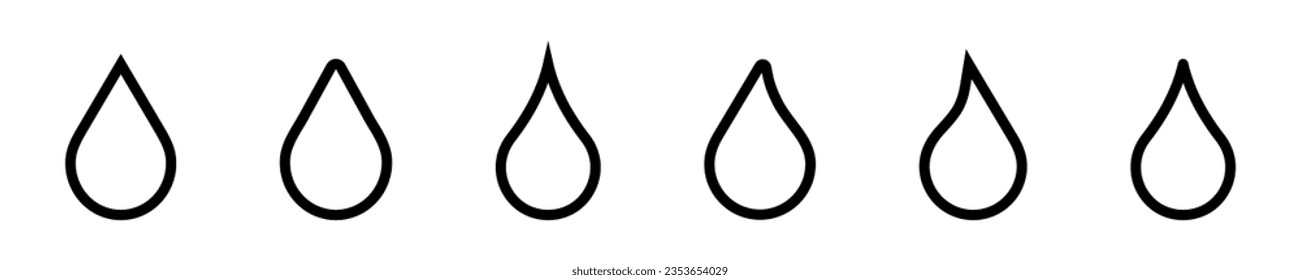 Set of linear water drop vector icons. Lines black water droplets. Liquid or rain. Symbol raindrop.