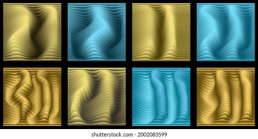 A set. Linear wave-like pattern. A color, abstract relief background with optical illusion of distortion. Vector illustration.