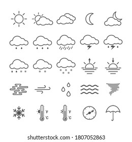 Set of linear weather icons isolated on white background. Flat vector illustration.