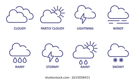 Set of linear weather icons with text labels. Simple black and white design for apps and templates.