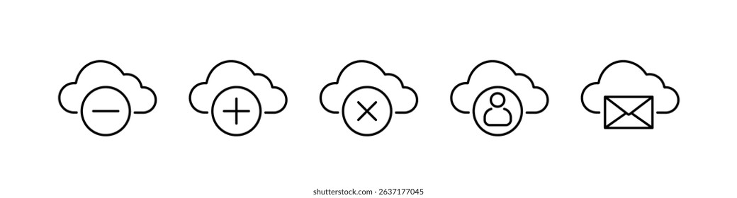 Set of linear web icons of cloud storage, 
black outline icons of cloud computing, upload and download.
Vector illustration.