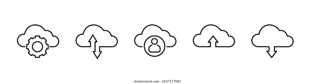 Set of linear web icons of cloud storage, 
black outline icons of cloud computing, upload and download.
Vector illustration.