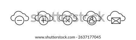 Set of linear web icons of cloud storage, 
black outline icons of cloud computing, upload and download.
Vector illustration.