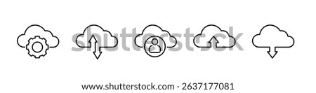 Set of linear web icons of cloud storage, 
black outline icons of cloud computing, upload and download.
Vector illustration.