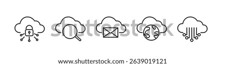 Set of linear web icons of cloud storage, 
black outline icons of cloud computing, upload and download.
Vector illustration.
