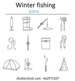 Set of linear web icons winter fishing. Accessories for fishing on the ice. Vector illustration.