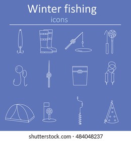 Set of linear web icons winter fishing. Accessories for fishing on the ice. Vector illustration.