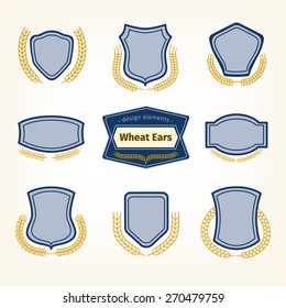 Set of linear wheat wreaths, vector emblem or logo collection, frame icons, design elements