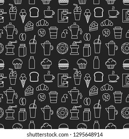 Set of linear White icons for coffee shop pattern seamless with black Background. Vector illustration. 