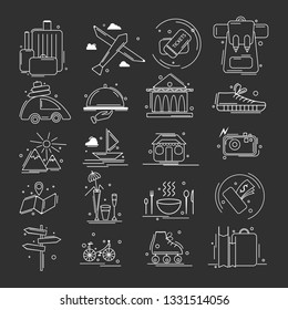 Set of linear white simple icons composed on black background and showing activities and travels.