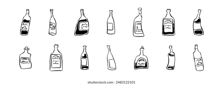 Set with linear wine and spirits bottles. Vector illustration of drinking. Silhouette icon for bar and menu