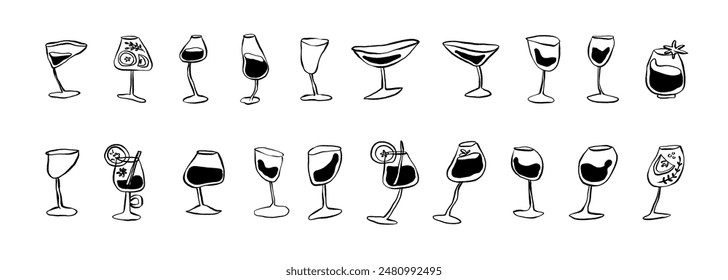 Set with linear wine and spirits glasses. Vector illustration of drinking. Icons for bar and menu
