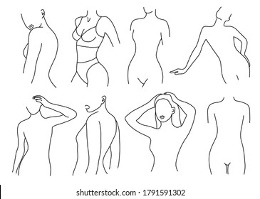Set linear woman figure. Continuous linear silhouette of female face. Outline hand drawn of avatars girls. Linear glamour logo in minimal style for beauty salon, makeup artist, stylist