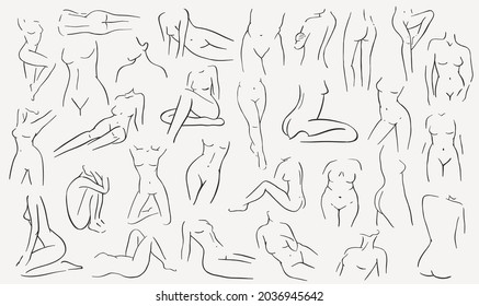 Set linear woman figure. Continuous linear silhouette of female body. Outline hand drawn of avatars girls. Linear glamour logo in minimal style for beauty salon, makeup artist, stylist